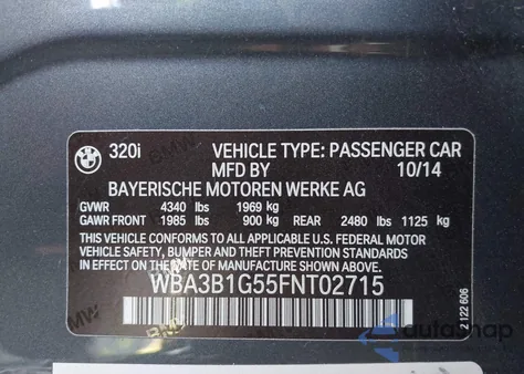 2015 BMW 320I z USA, uszkodzony, nr VIN WBA3B1G55FNT02715